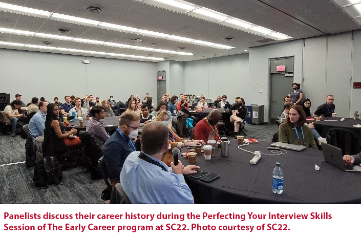 Panelists discuss their career history during the Perfecting Your Interview Skills session of the Early Career program at SC22. Photo courtesy of SC22.