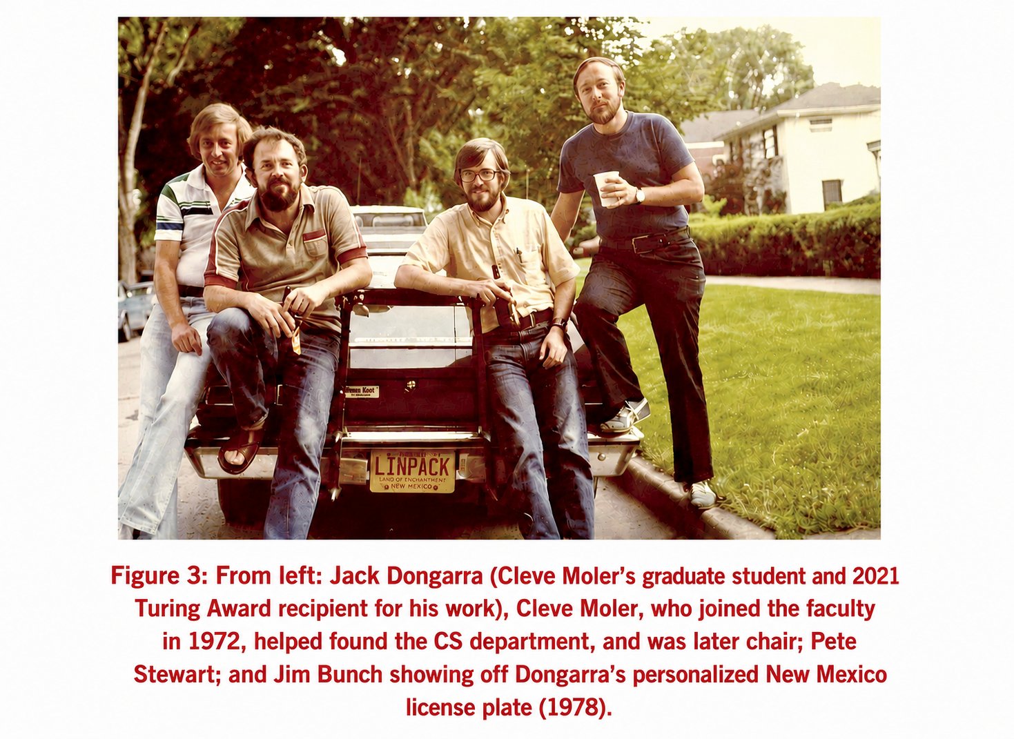 Jack Dongarra, Cleve Moler, Pete Stewart and Jim Bunch in 1978, sitting on the back of a car whose New Mexico license plate reads LINPACK