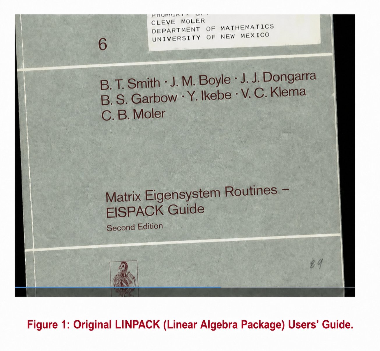 Cover of the EISPACK Guide, second edition — Matrix Eigensystem Routines, by Smith, Boyle, Dongarra, Garbow, Ikebe, Klema and Moler — stamped "Cleve Moler, Department of Mathematics, University of New Mexico"