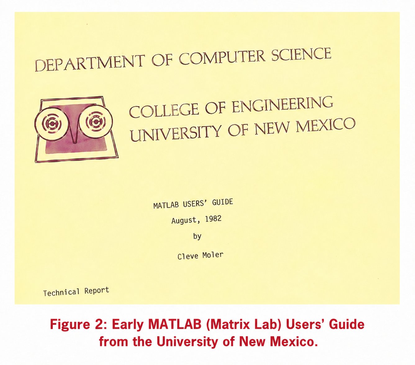 Cover of the MATLAB Users' Guide, a UNM Department of Computer Science technical report by Cleve Moler dated August 1982