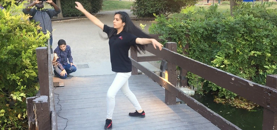 Dancer wearing motion sensors
