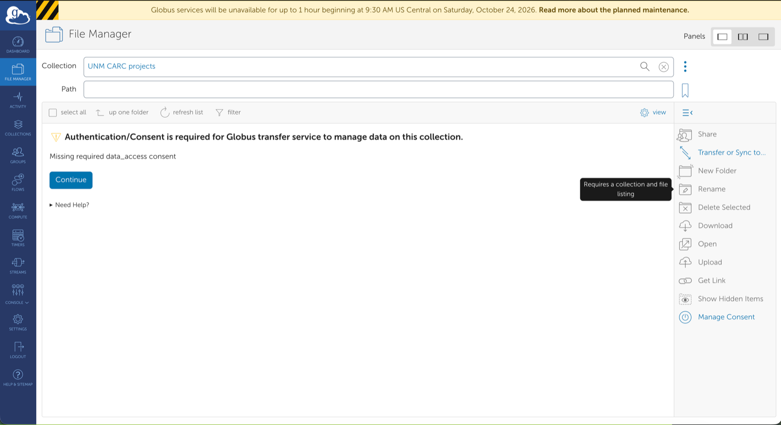 File Manager saying authentication/consent is required for a CARC collection