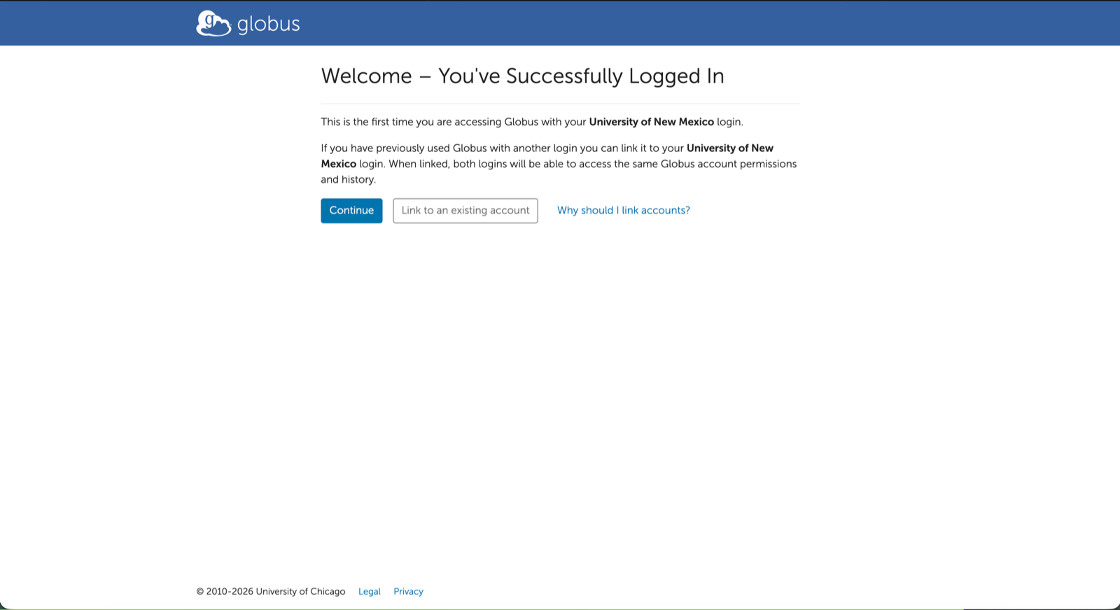 Globus first-login page with Continue and Link to an existing account buttons