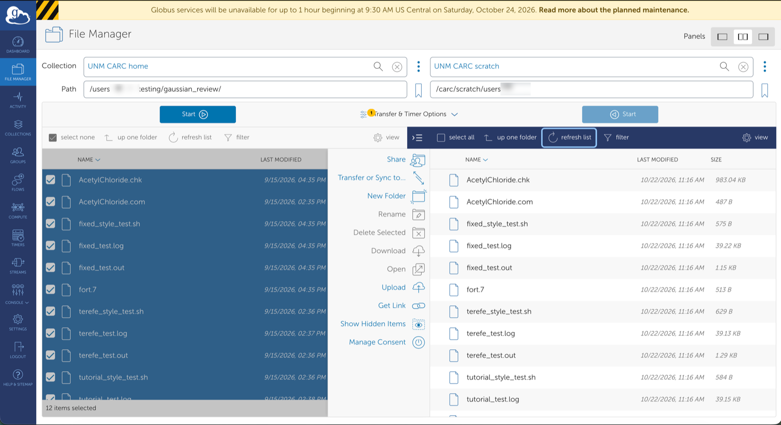 Destination panel after refreshing, showing the copied files