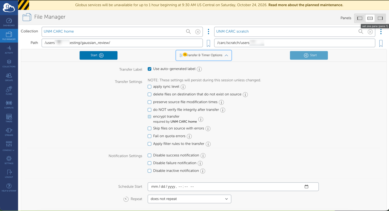 Transfer and Timer Options panel