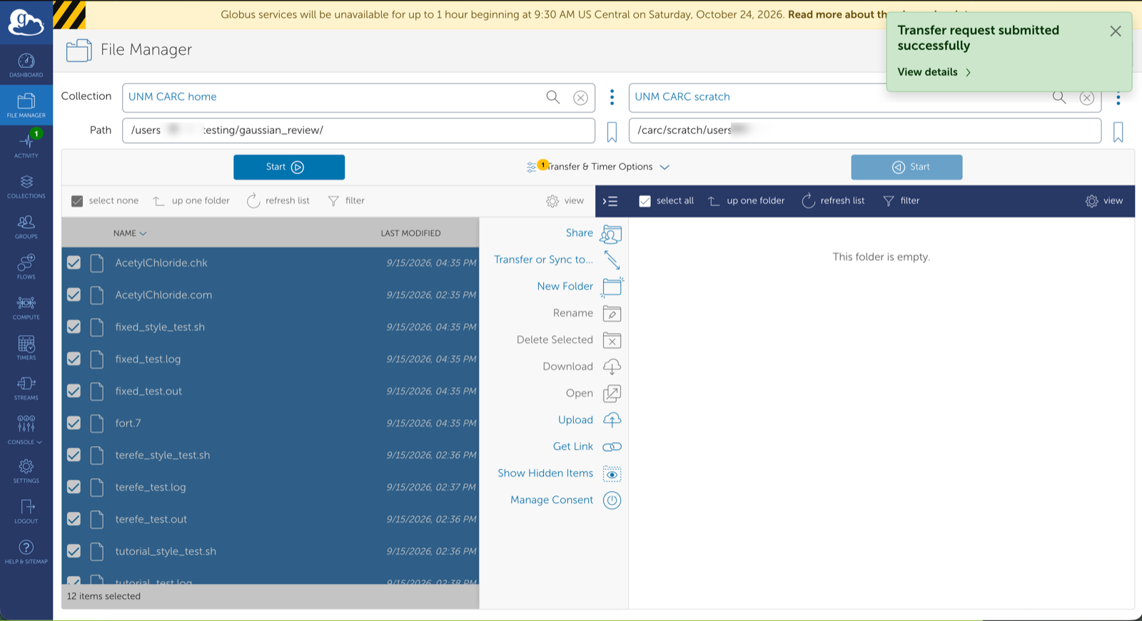 Files selected in the left panel with the transfer submitted message