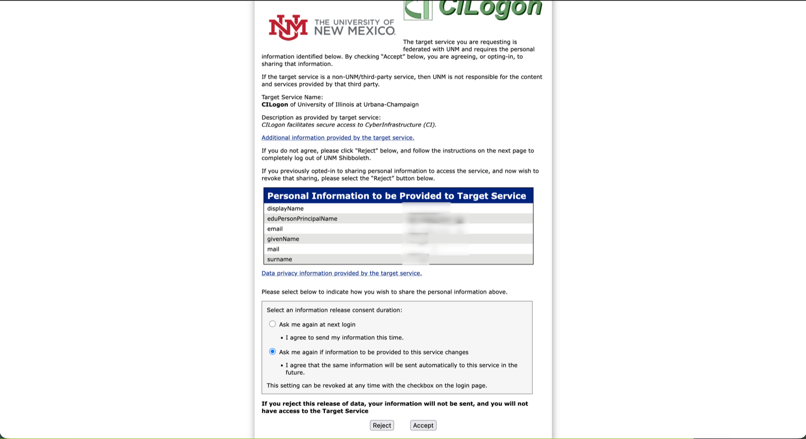 UNM consent page for releasing information to CILogon